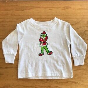 Rabbit Skins Grinch Christmas White Long Sleeve Top- Kids Size 2- 100% Cotton